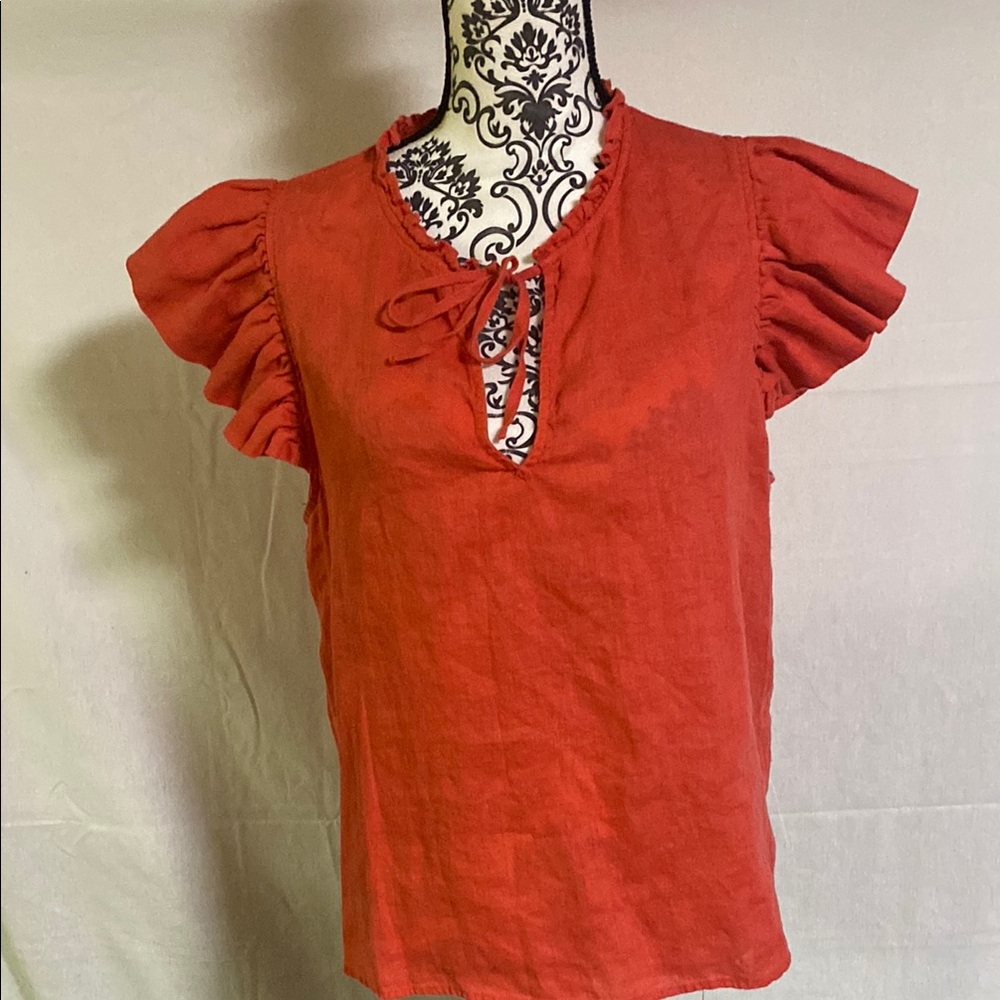 Marc New York 100% Linen Pink/Coral Flutter Sleeve Blouse with Tie Front Large